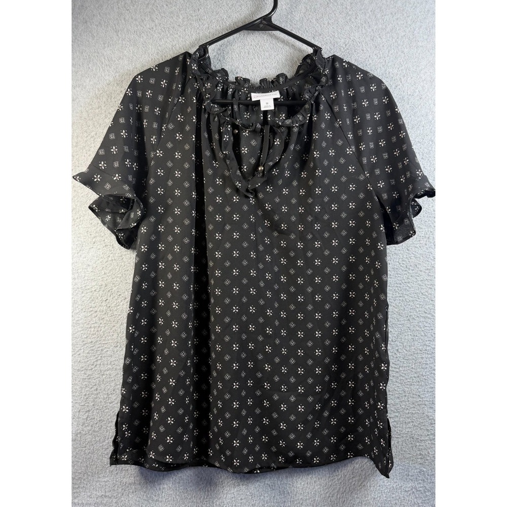 Liz Claiborne Blouse Womens M Black Floral Print Ruffle Neck Top